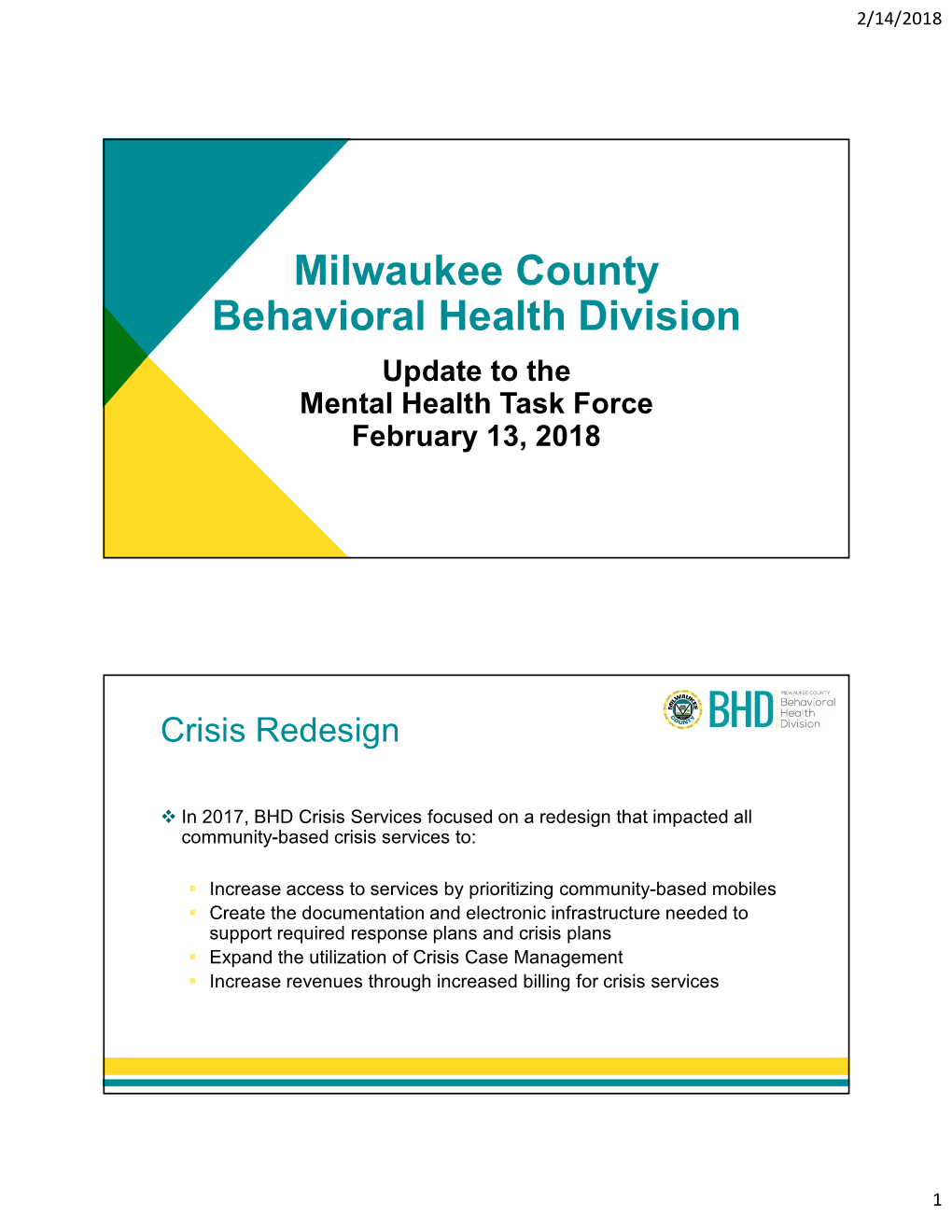 Milwaukee County Behavioral Health Division Update to the Mental Health Task Force February 13, 2018