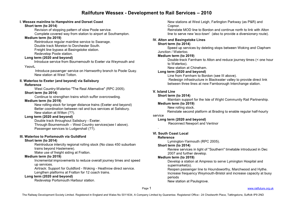 Railfuture Wessex - Development to Rail Services – 2010