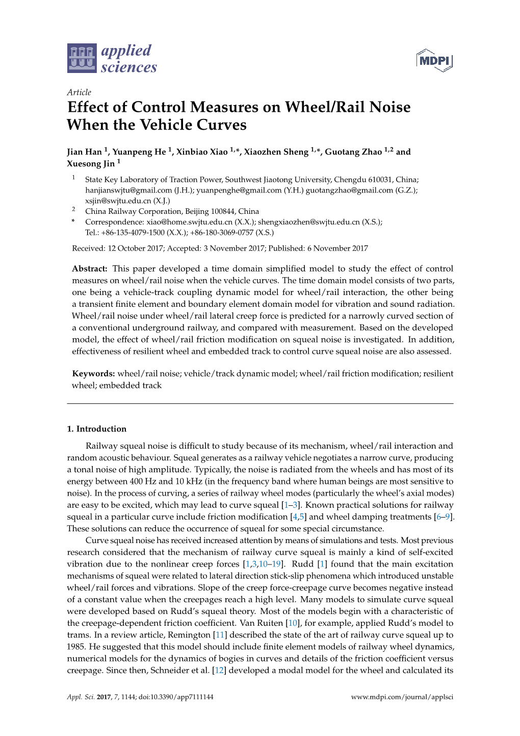 Effect of Control Measures on Wheel/Rail Noise When the Vehicle Curves