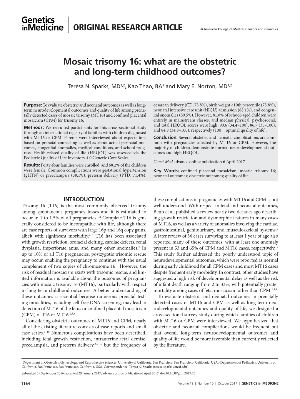 Mosaic Trisomy 16: What Are the Obstetric and Long-Term Childhood Outcomes?