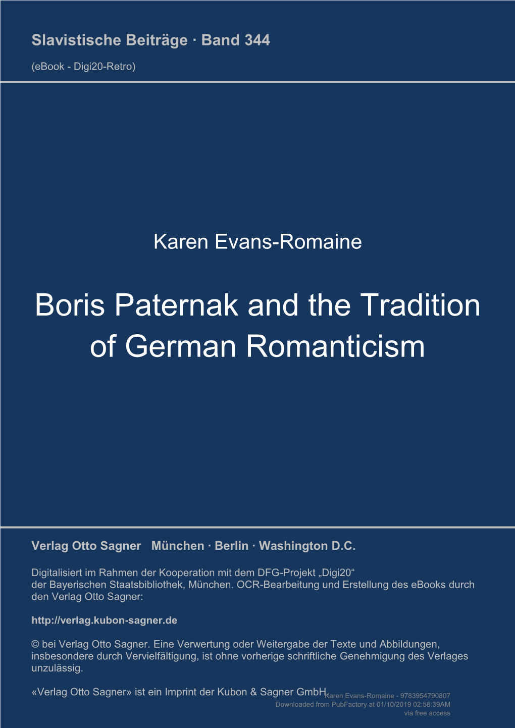 Boris Pasternak and the Tradition of German Romanticism