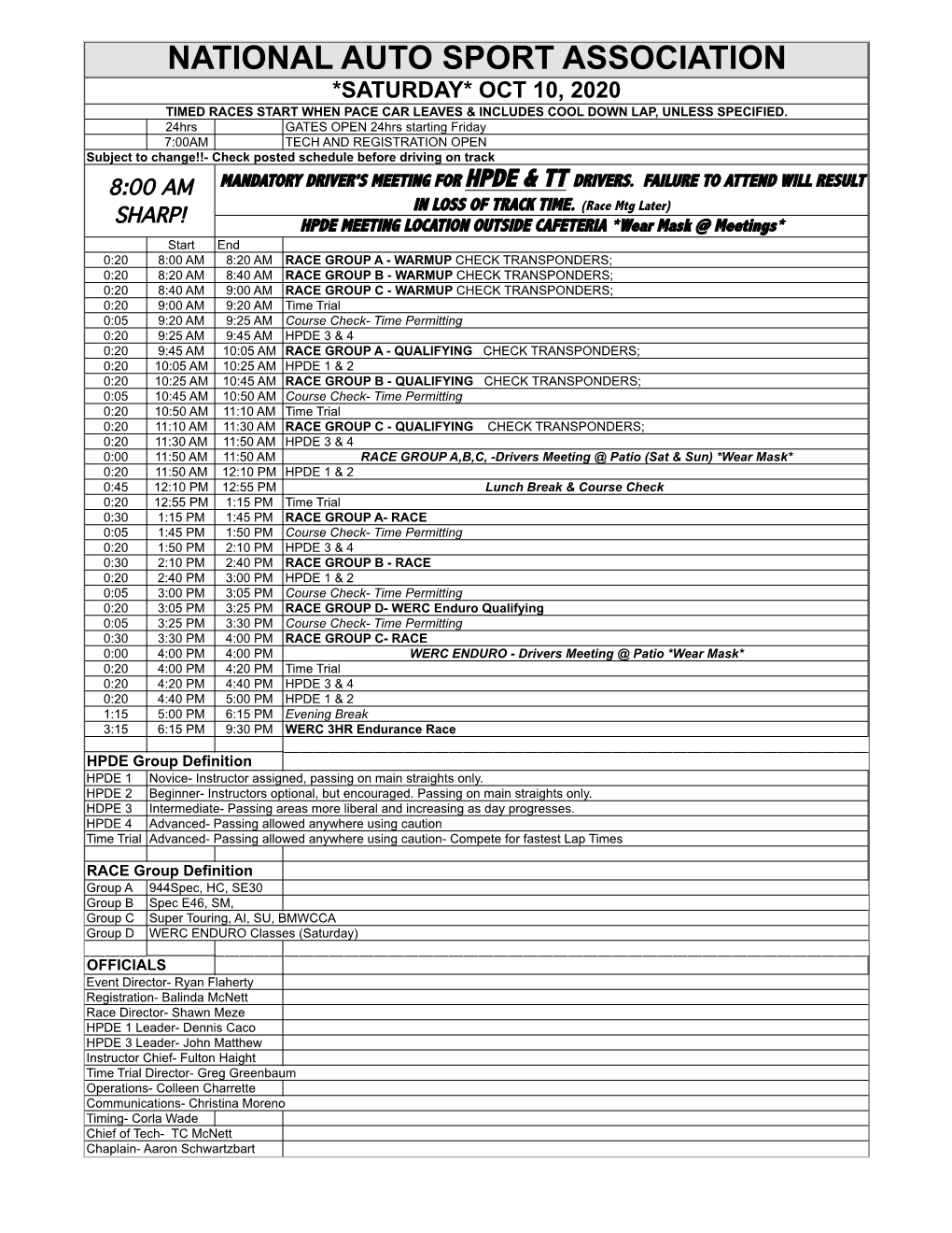 National Auto Sport Association *Saturday* Oct 10, 2020 Timed Races Start When Pace Car Leaves & Includes Cool Down Lap, Unless Specified