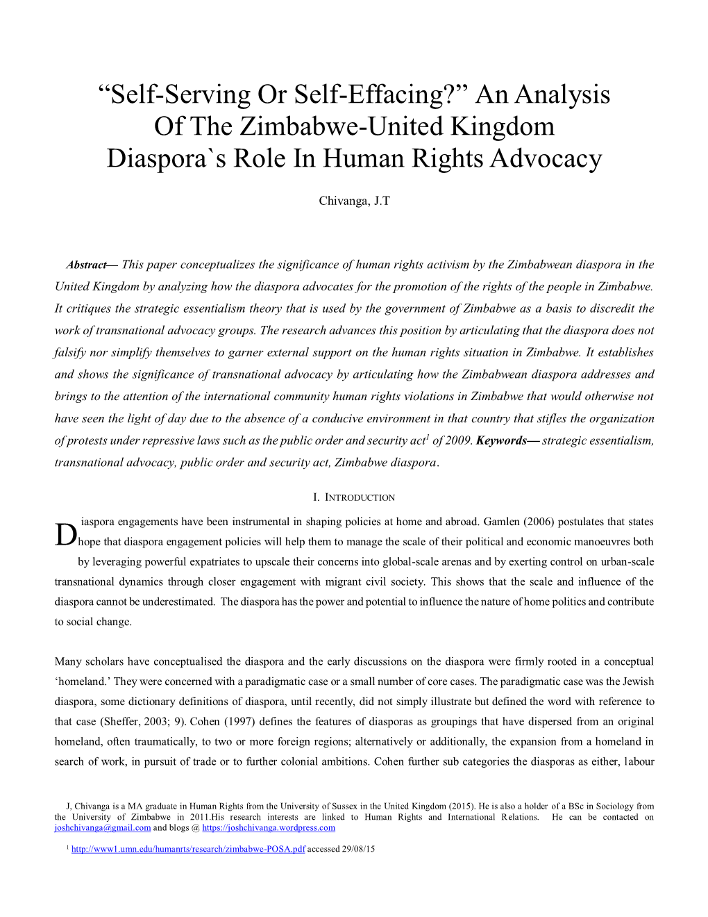 An Analysis of the Zimbabwe-United Kingdom Diaspora`S Role in Human Rights Advocacy