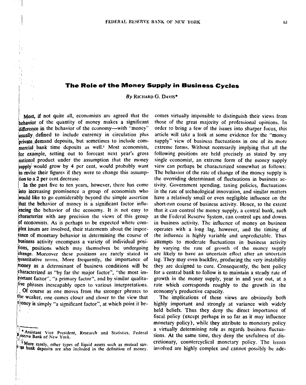 The Role of Tne Money Supply in Business Cycles, April 1968