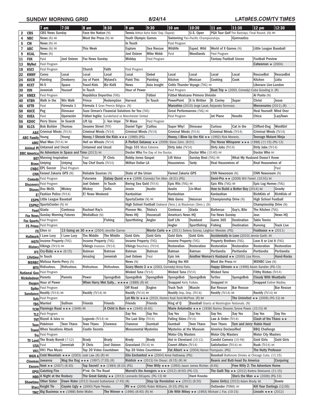 Sunday Morning Grid 8/24/14 Latimes.Com/Tv Times