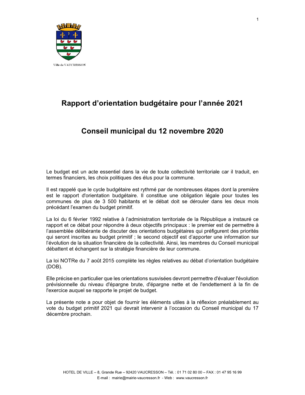 Rapport D'orientation Budgétaire Pour L'année 2021