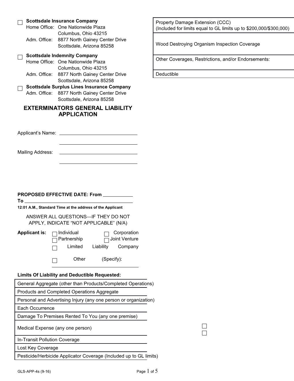 Exterminators General Liability Application s1