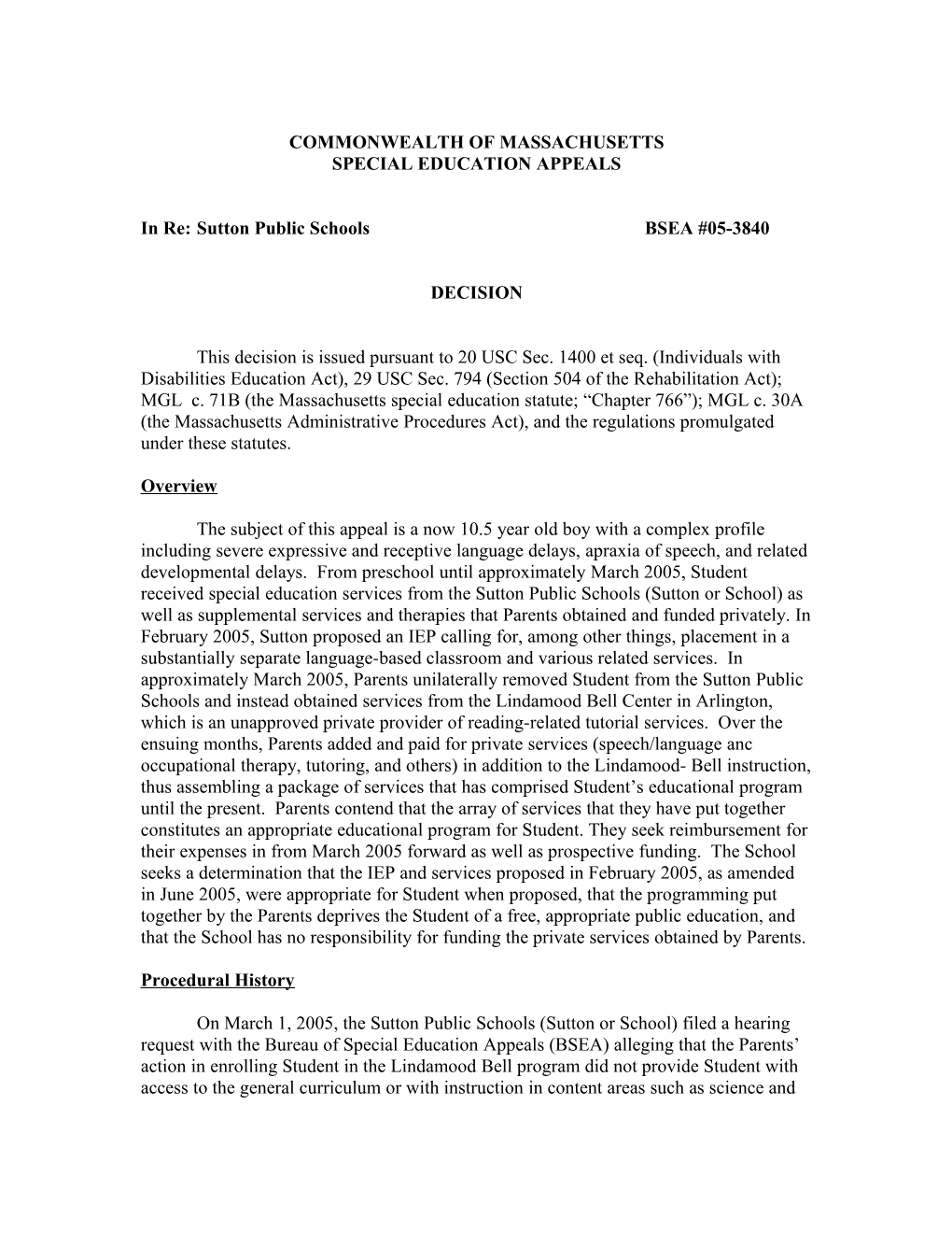 Special Education Appeals BSEA #05-3840