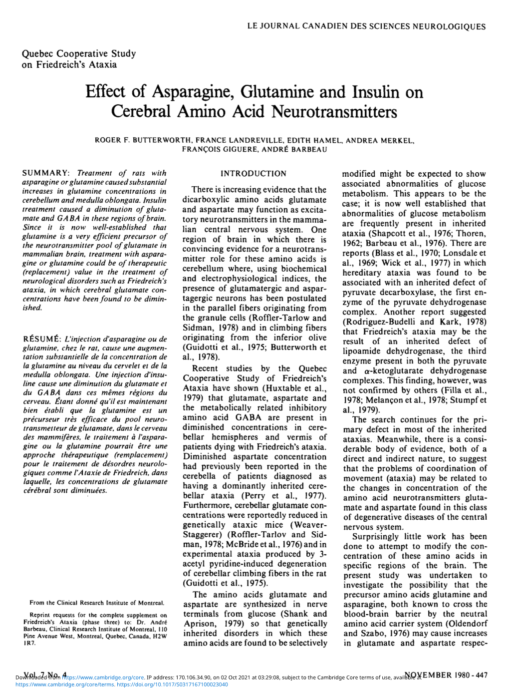 Effect of Asparagine, Glutamine and Insulin on Cerebral Amino Acid Neurotransmitters