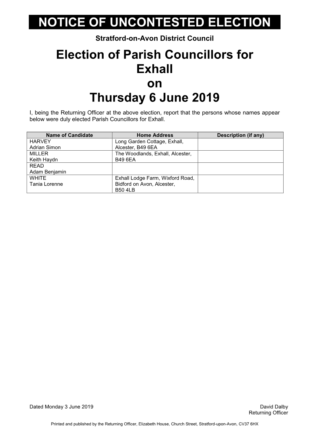 Notice of Uncontested Parish Elections 6 June 2019