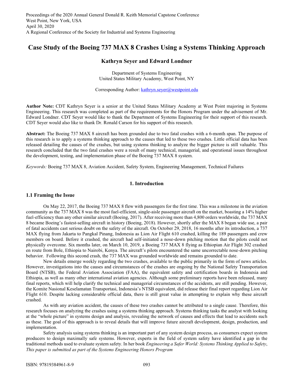 Case Study of the Boeing 737 MAX 8 Crashes Using a Systems Thinking Approach