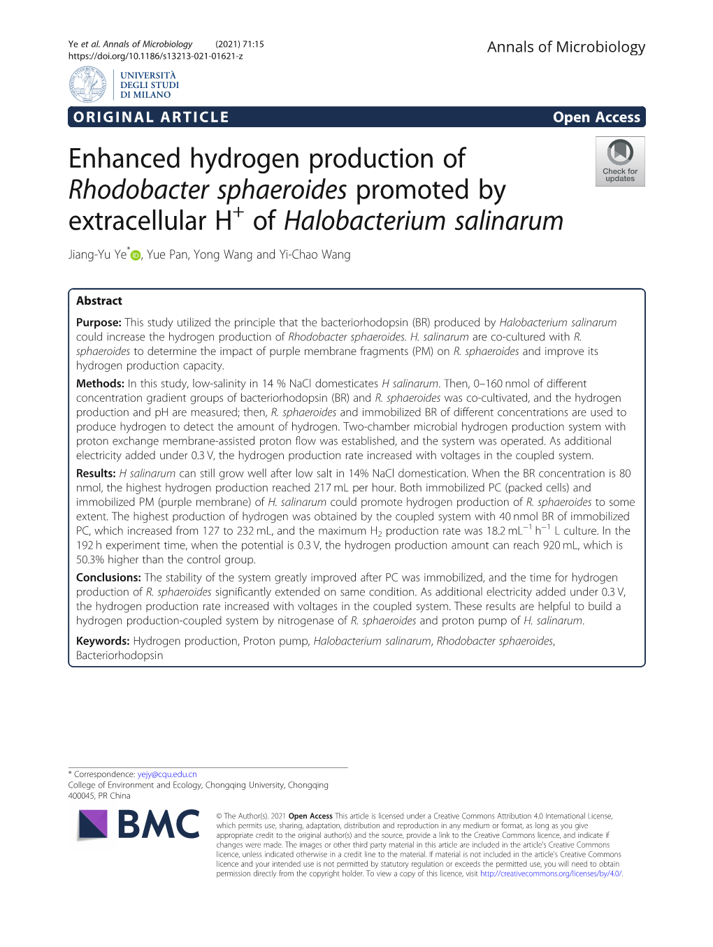 Rhodobacter Sphaeroides Promoted by Extracellular H+ of Halobacterium Salinarum Jiang-Yu Ye* , Yue Pan, Yong Wang and Yi-Chao Wang