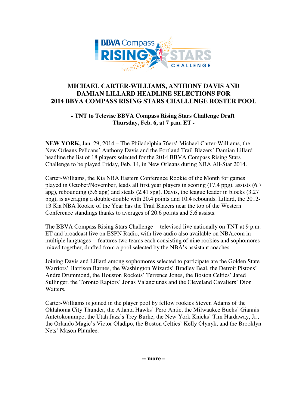 Michael Carter-Williams, Anthony Davis and Damian Lillard Headline Selections for 2014 Bbva Compass Rising Stars Challenge Roster Pool