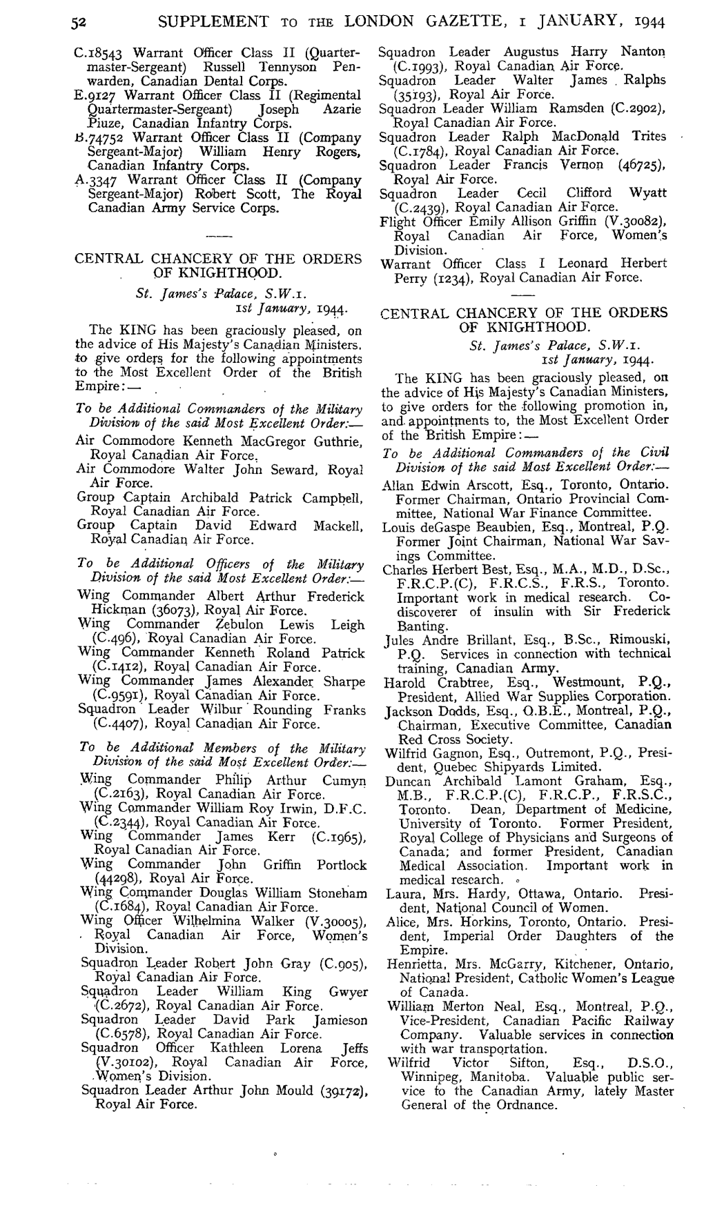 SUPPLEMENT to the LONDON GAZETTE, I JANUARY, 1944