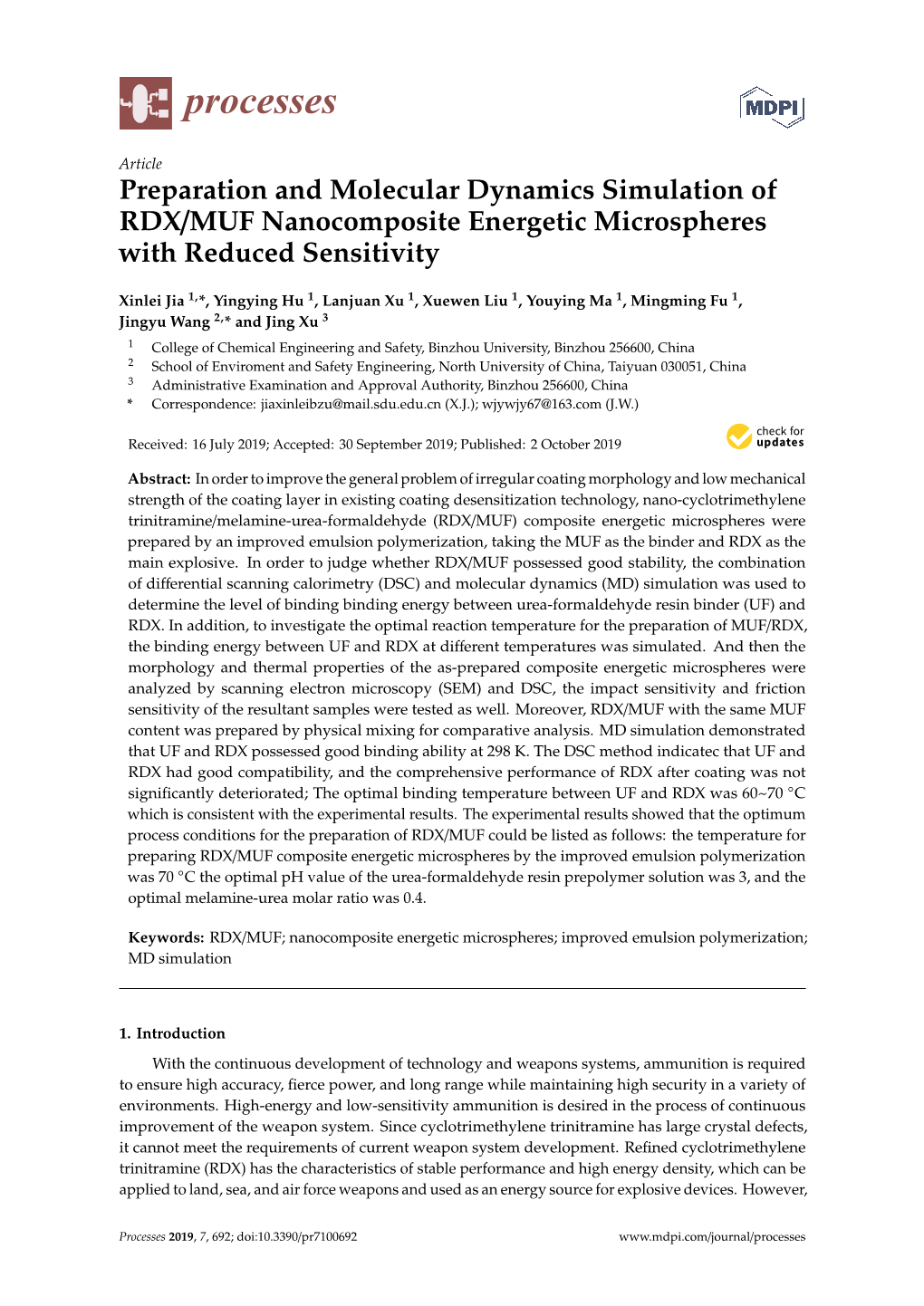 Preparation and Molecular Dynamics Simulation of RDX/MUF Nanocomposite Energetic Microspheres with Reduced Sensitivity