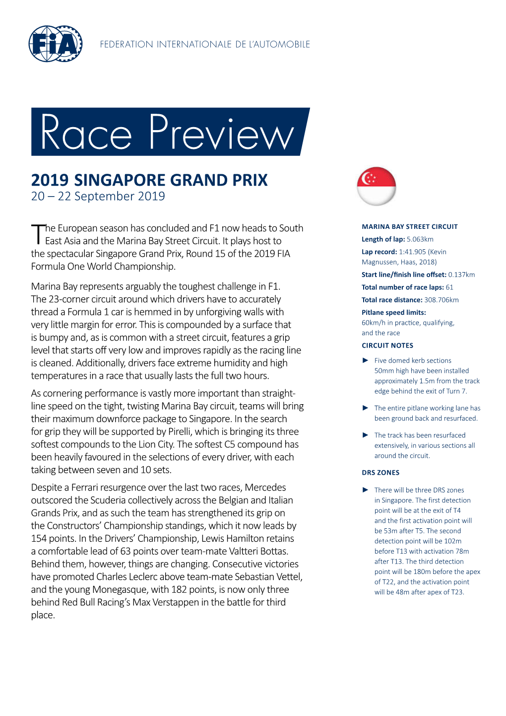 2019 SINGAPORE GRAND PRIX 20 – 22 September 2019