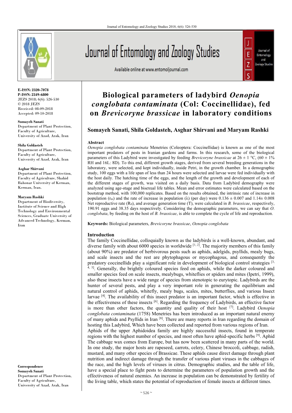 Biological Parameters of Ladybird Oenopia Conglobata Contaminata