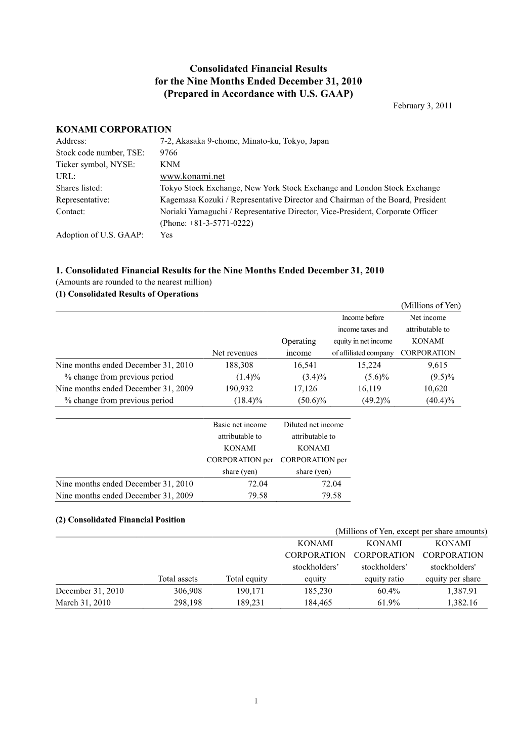 Consolidated Financial Results for the Nine Months Ended December 31, 2010 (Prepared in Accordance with U.S