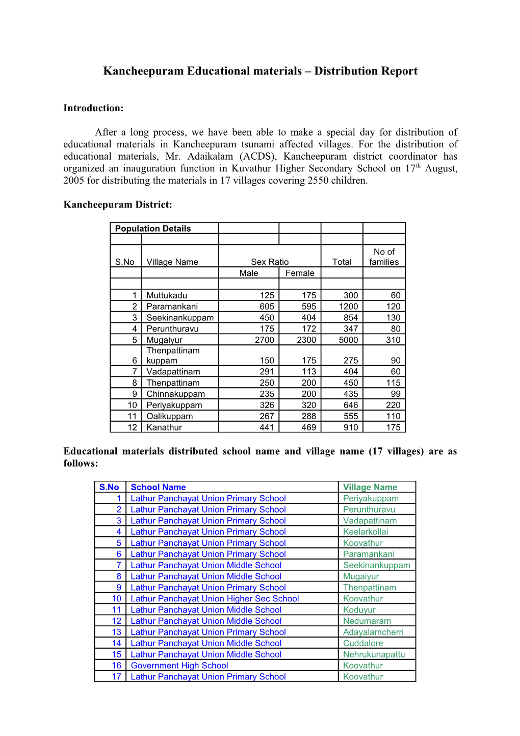 Kancheepuram Educational Materials Distribution Report