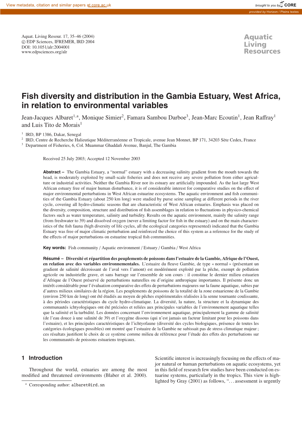 Fish Diversity and Distribution in the Gambia Estuary, West Africa, In