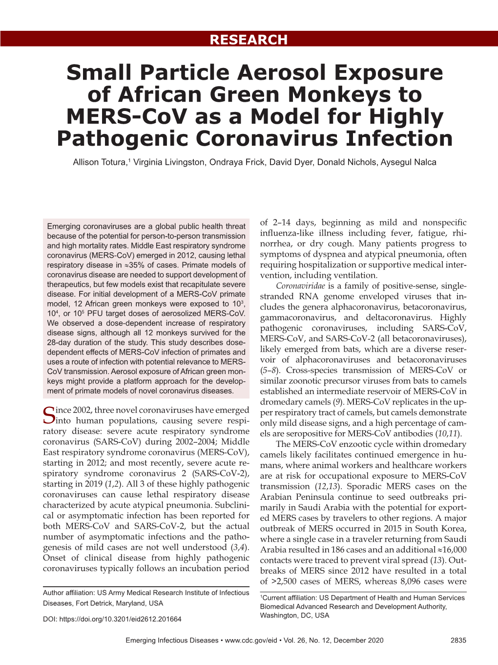 Small Particle Aerosol Exposure of African Green Monkeys to MERS