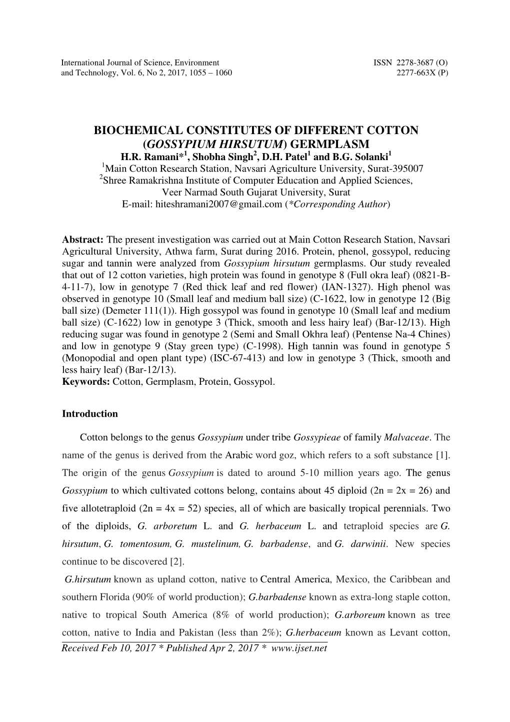 Biochemical Constitutes of Different Cotton (Gossypium Hirsutum) Germplasm H.R
