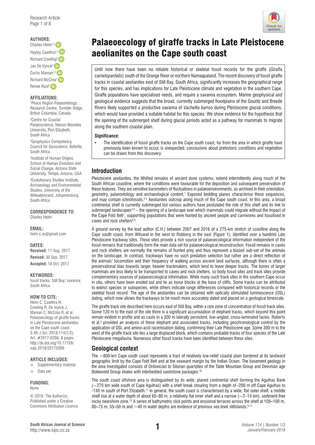 Palaeoecology of Giraffe Tracks in Late Pleistocene Aeolianites on The