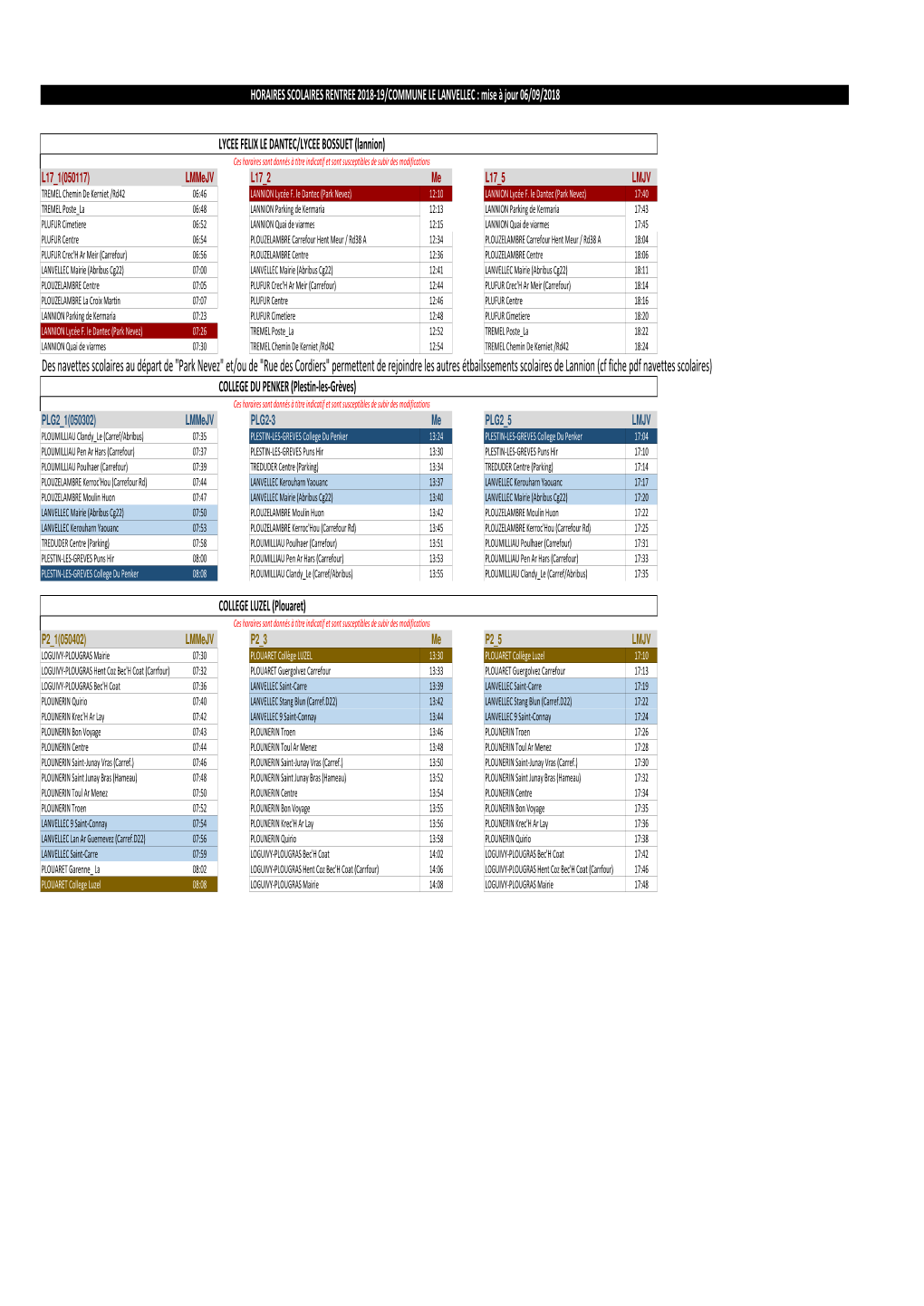 Services Scolaires Par Transporteur Grille Horaires Par