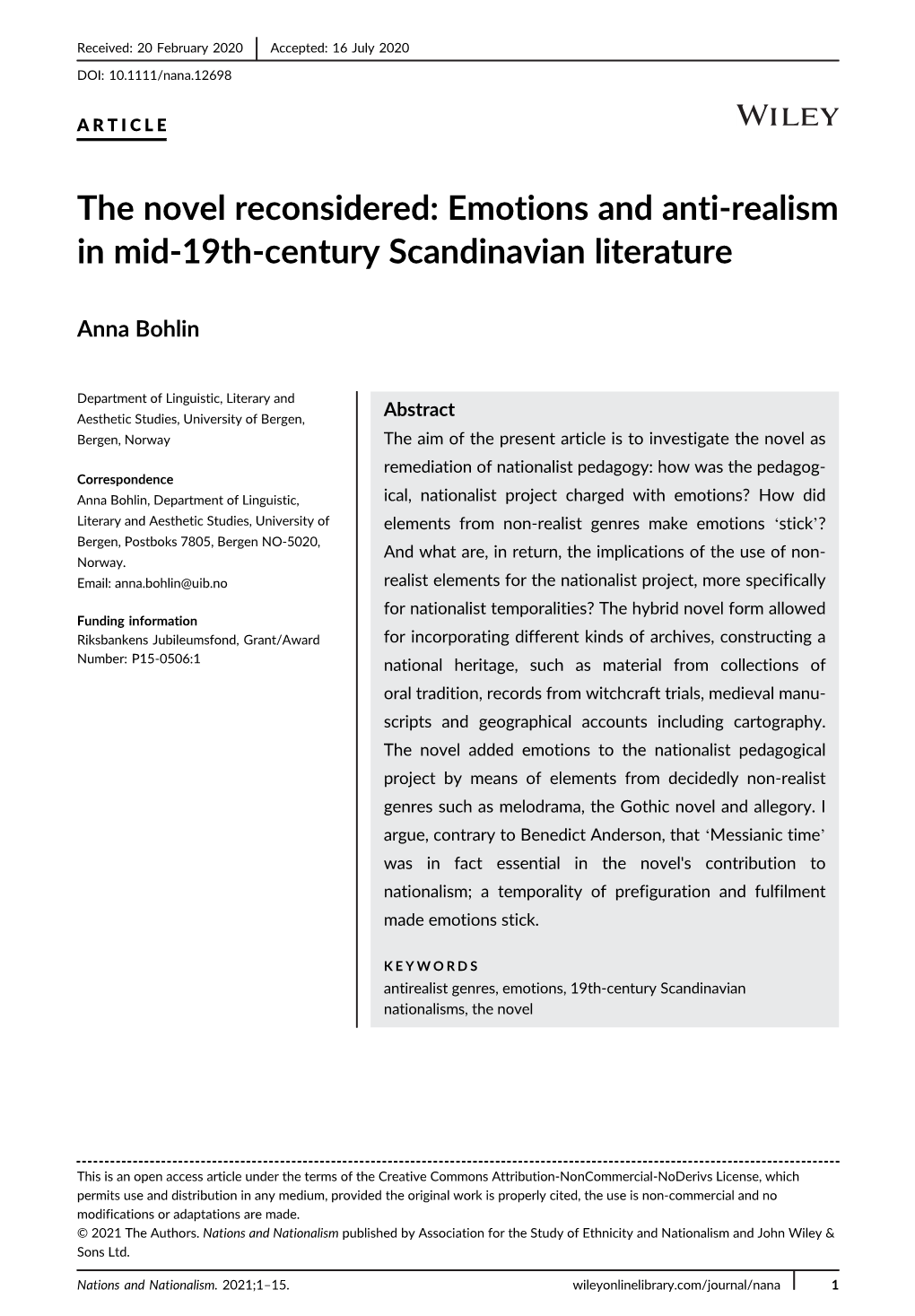 The Novel Reconsidered: Emotions and Anti-Realism in Mid-19Th-Century Scandinavian Literature
