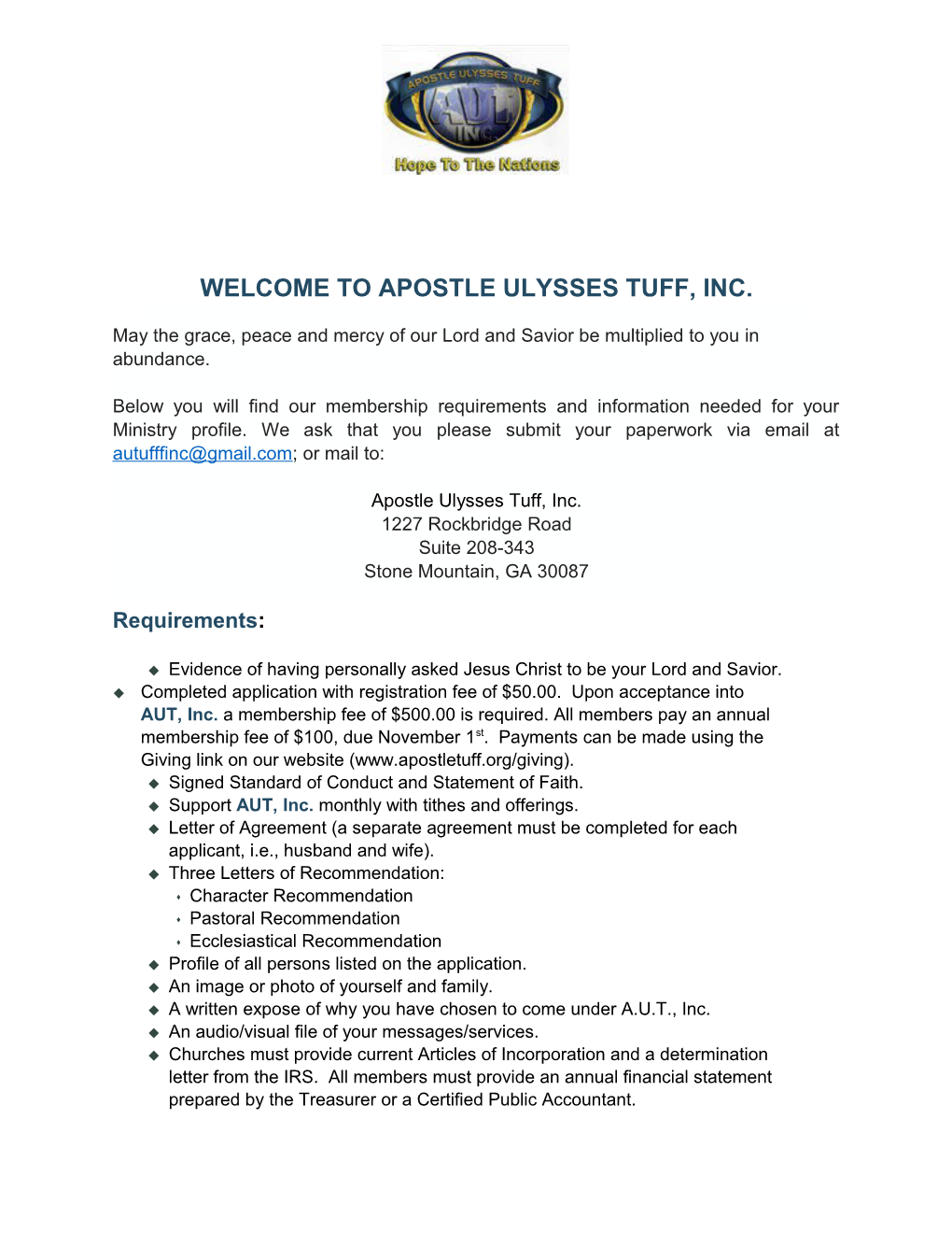 Welcome to Apostle Ulysses Tuff, Inc