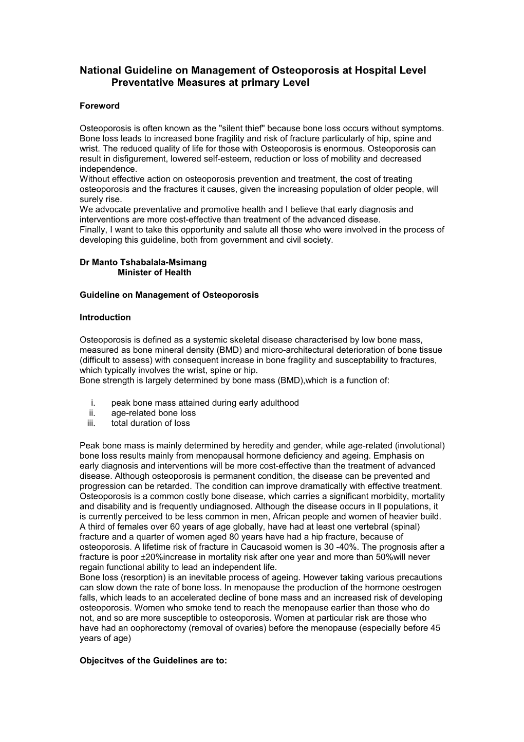 National Guideline on Management of Osteoporosis at Hospital Level Preventative Measures