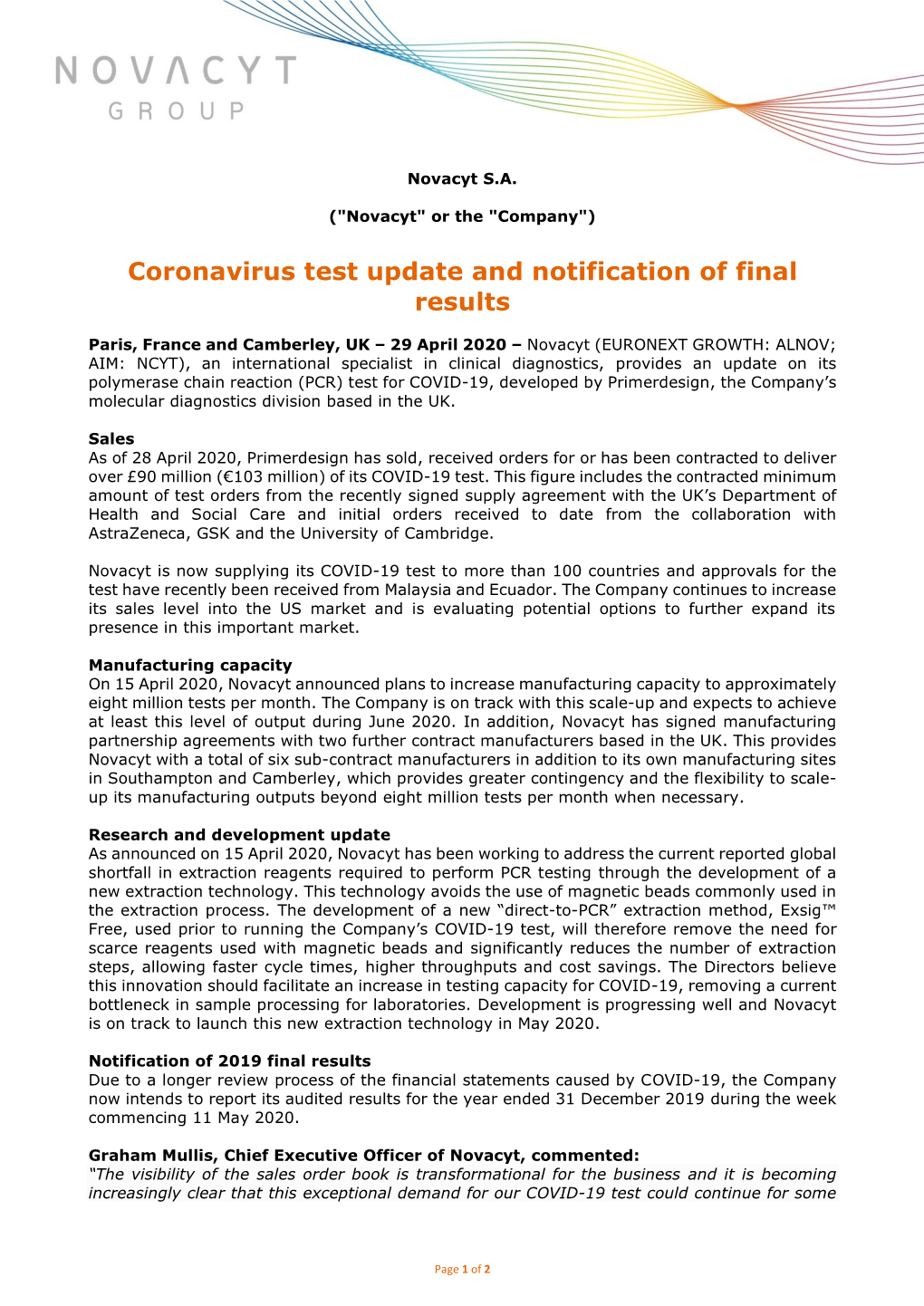 Coronavirus Test Update and Notification of Final Results