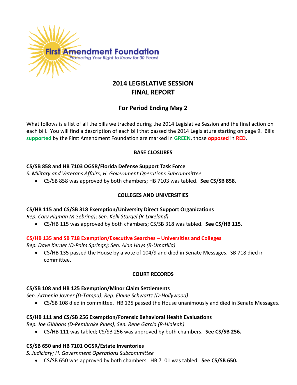 2014 Legislative Session Final Report