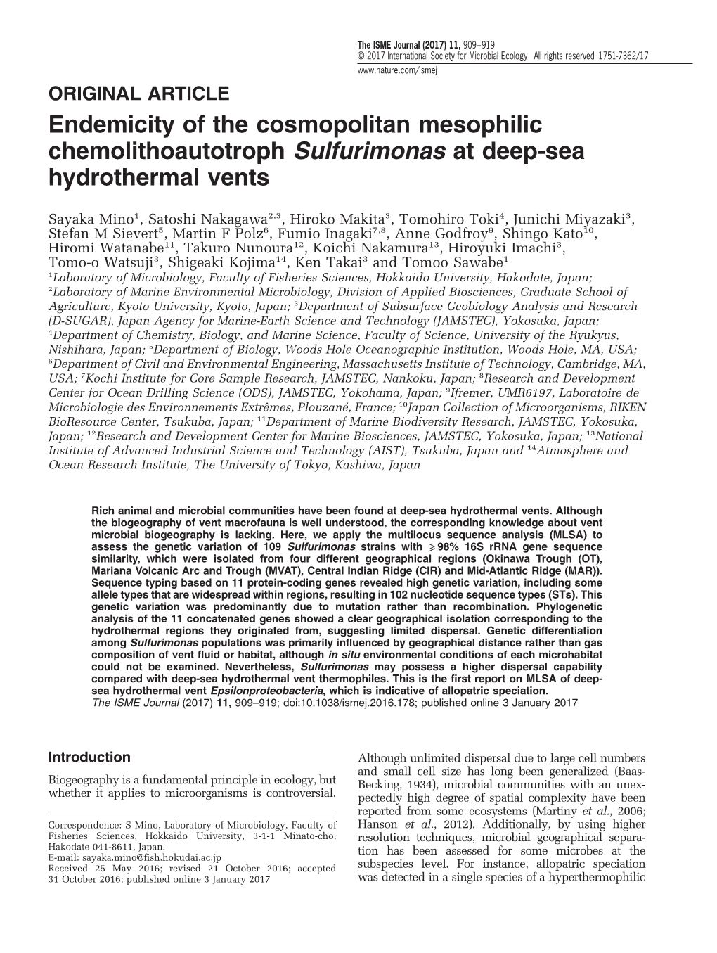 Endemicity of the Cosmopolitan Mesophilic Chemolithoautotroph Sulfurimonas at Deep-Sea Hydrothermal Vents