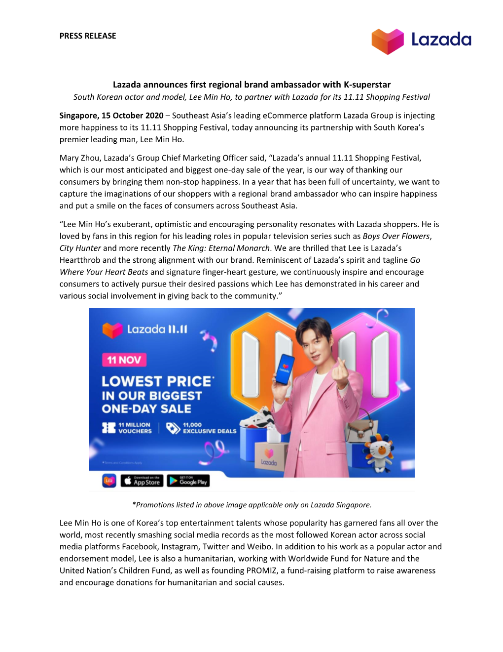 Lazada Announces First Regional Brand Ambassador with K-Superstar South Korean Actor and Model, Lee Min Ho, to Partner with Lazada for Its 11.11 Shopping Festival