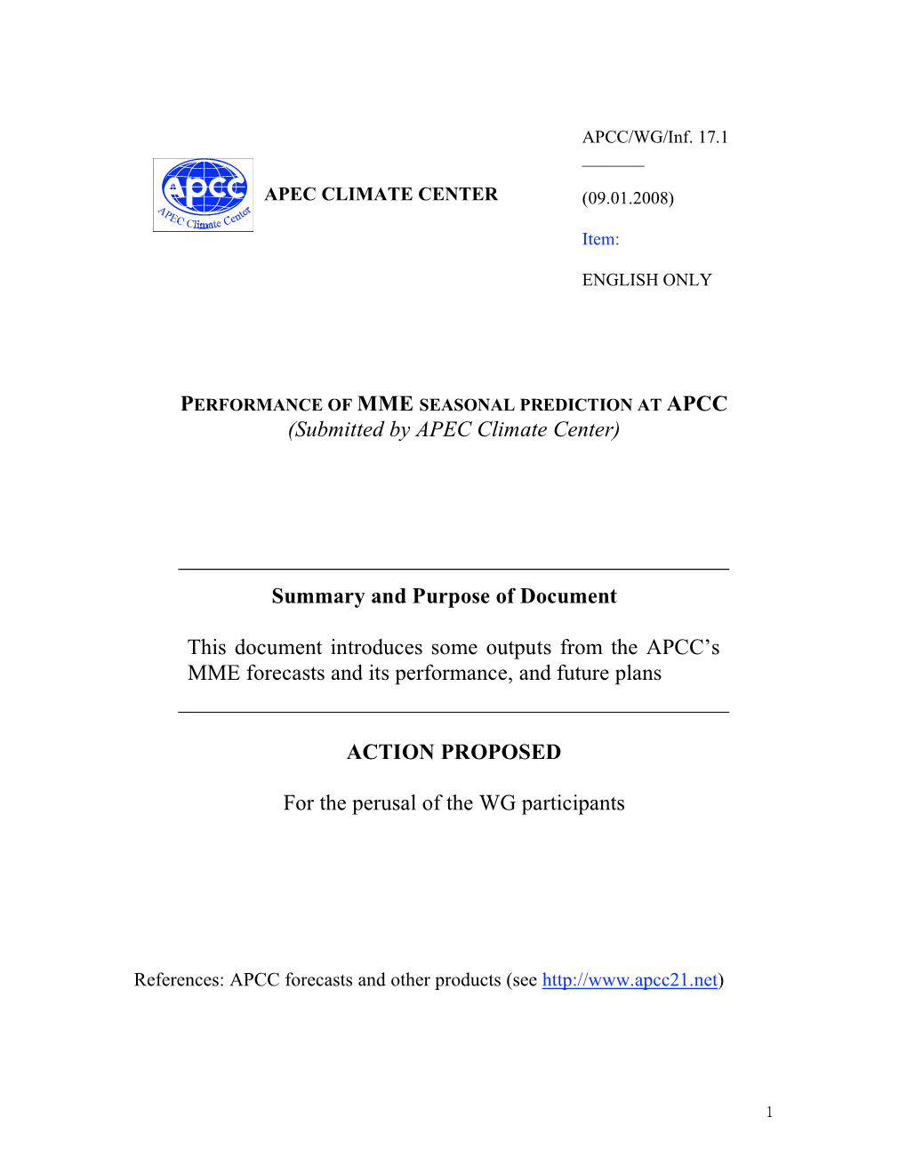 (Submitted by APEC Climate Center) Summary and Purpose Of