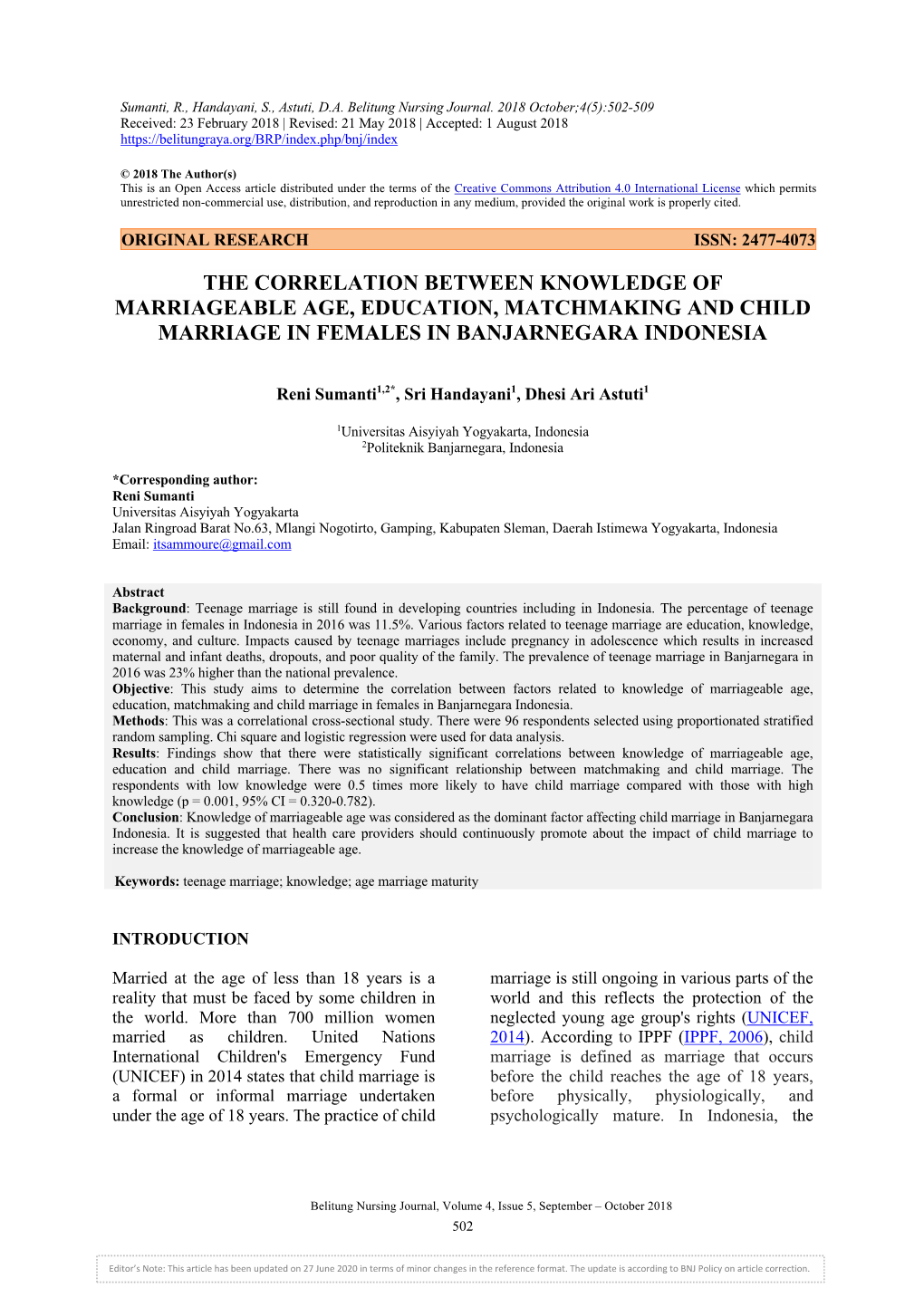 The Correlation Between Knowledge of Marriageable Age, Education, Matchmaking and Child Marriage in Females in Banjarnegara Indonesia