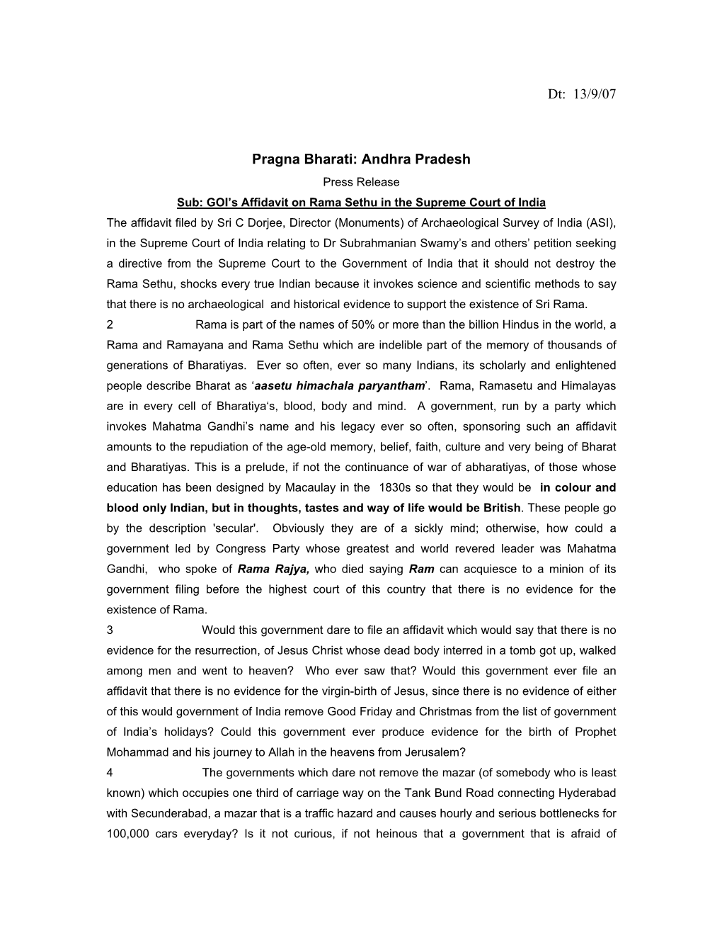 Dt: 13/9/07 Pragna Bharati: Andhra Pradesh