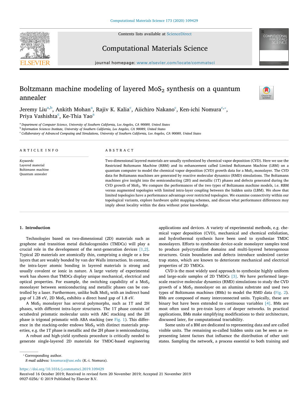 Boltzmann Machine Modeling of Layered Mos2 Synthesis on a Quantum Annealer T ⁎ Jeremy Liua,B, Ankith Mohana, Rajiv K