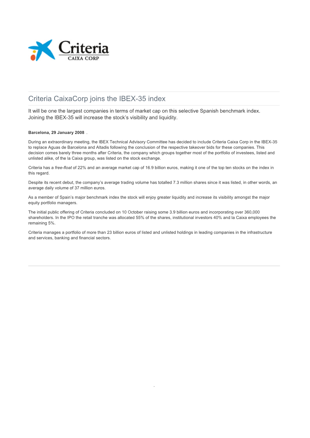 Criteria Caixacorp Joins the IBEX-35 Index