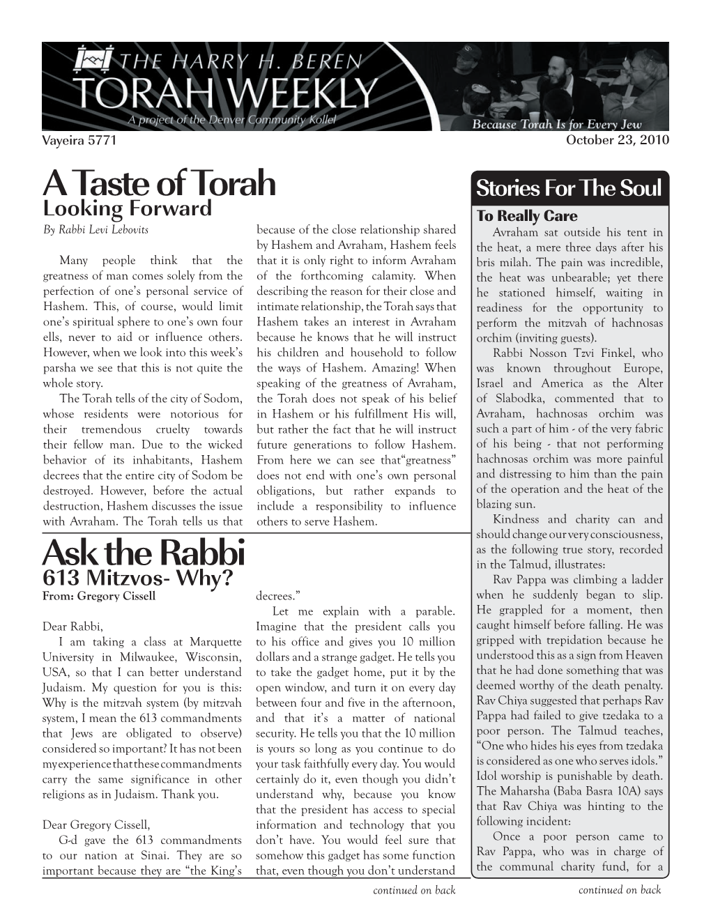 A Taste of Torah Ask the Rabbi