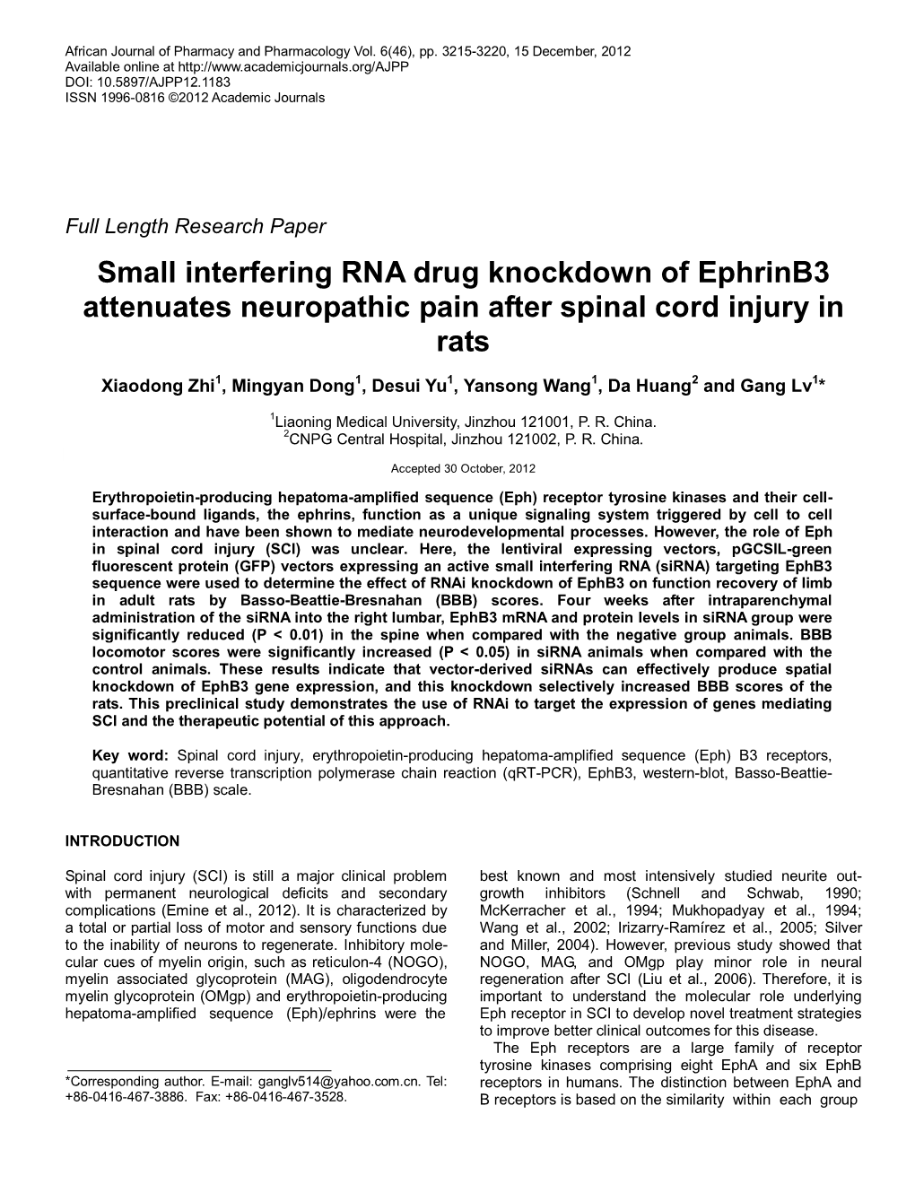 Small Interfering RNA Drug Knockdown of Ephrinb3 Attenuates Neuropathic Pain After Spinal Cord Injury in Rats