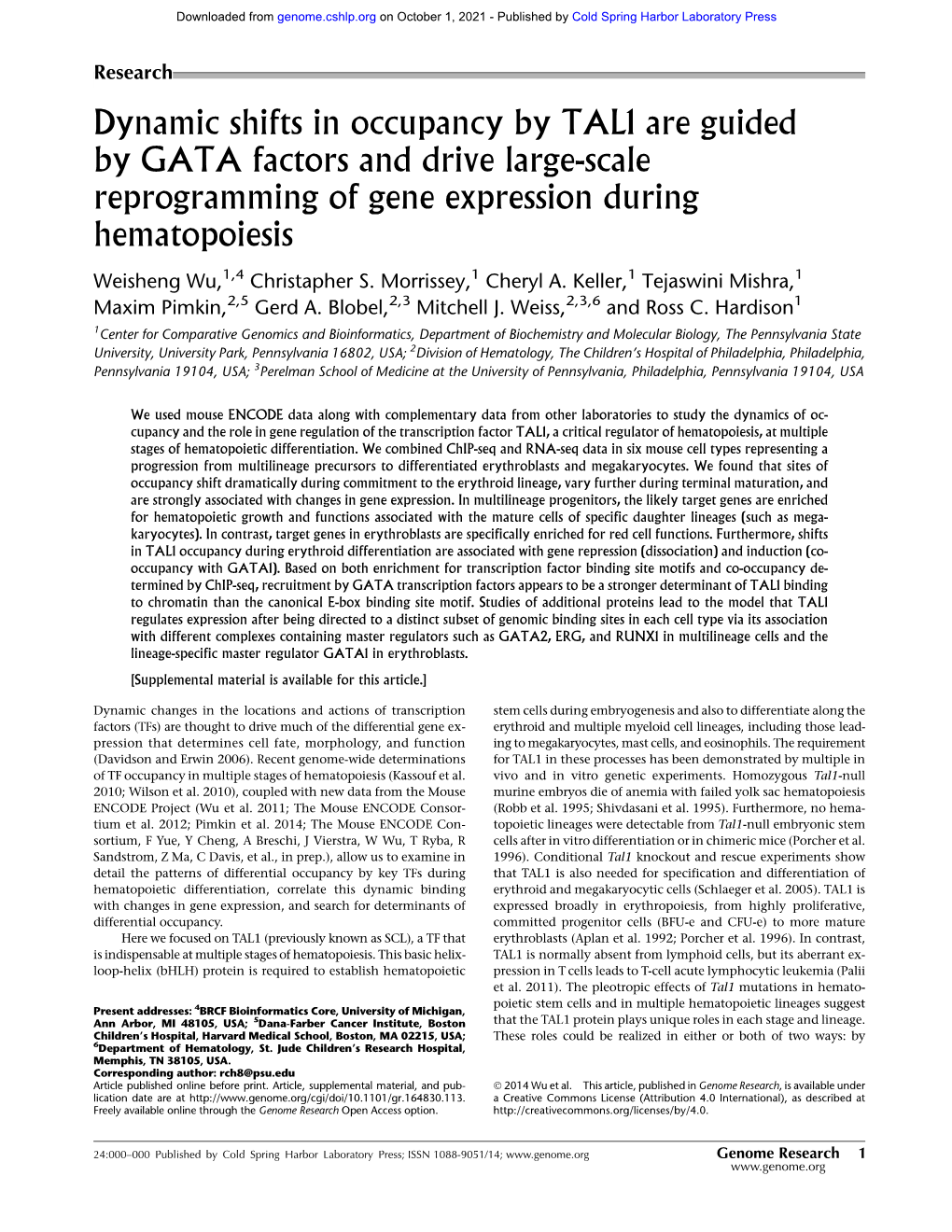 Dynamic Shifts in Occupancy by TAL1 Are Guided by GATA Factors and Drive Large-Scale Reprogramming of Gene Expression During Hematopoiesis