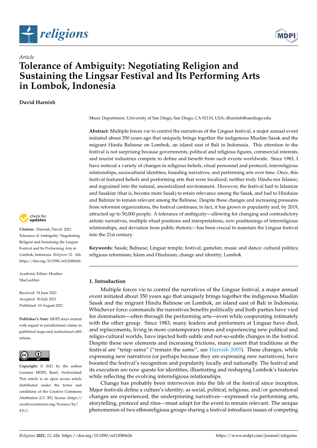 Negotiating Religion and Sustaining the Lingsar Festival and Its Performing Arts in Lombok, Indonesia