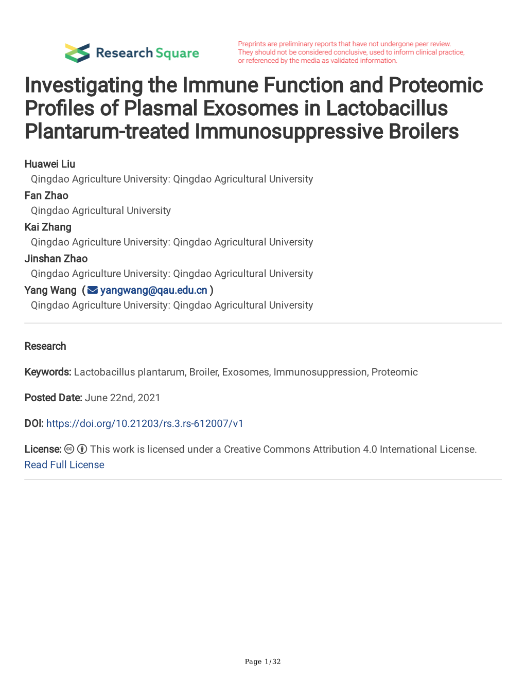 Investigating the Immune Function and Proteomic Pro Les of Plasmal