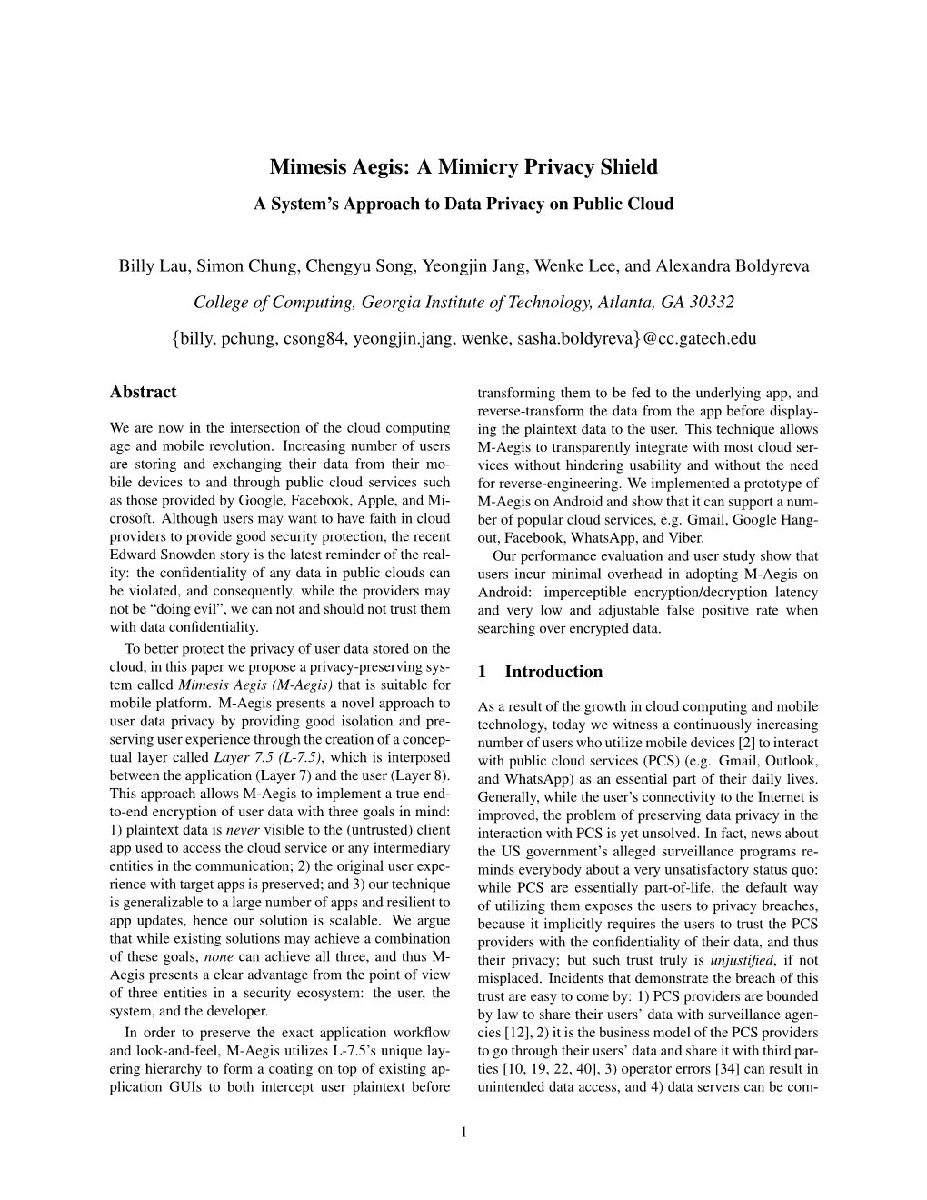 Mimesis Aegis: a Mimicry Privacy Shield a System’S Approach to Data Privacy on Public Cloud
