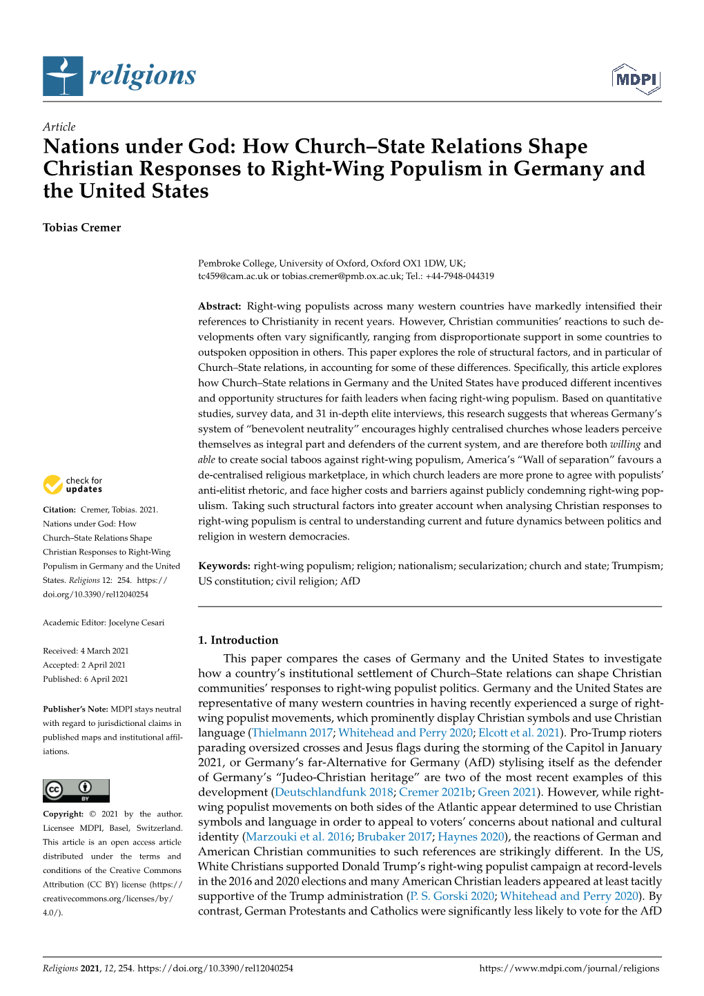 How Church–State Relations Shape Christian Responses to Right-Wing Populism in Germany and the United States