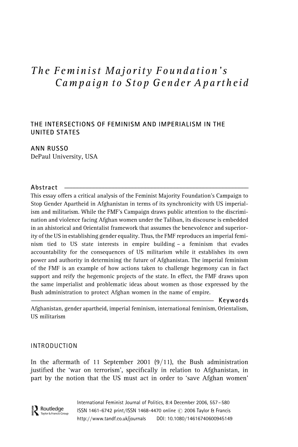 The Feminist Majority Foundation's Campaign to Stop Gender Apartheid