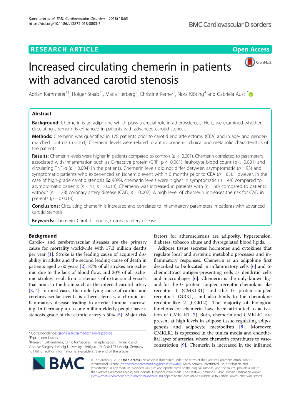 Increased Circulating Chemerin in Patients with Advanced Carotid