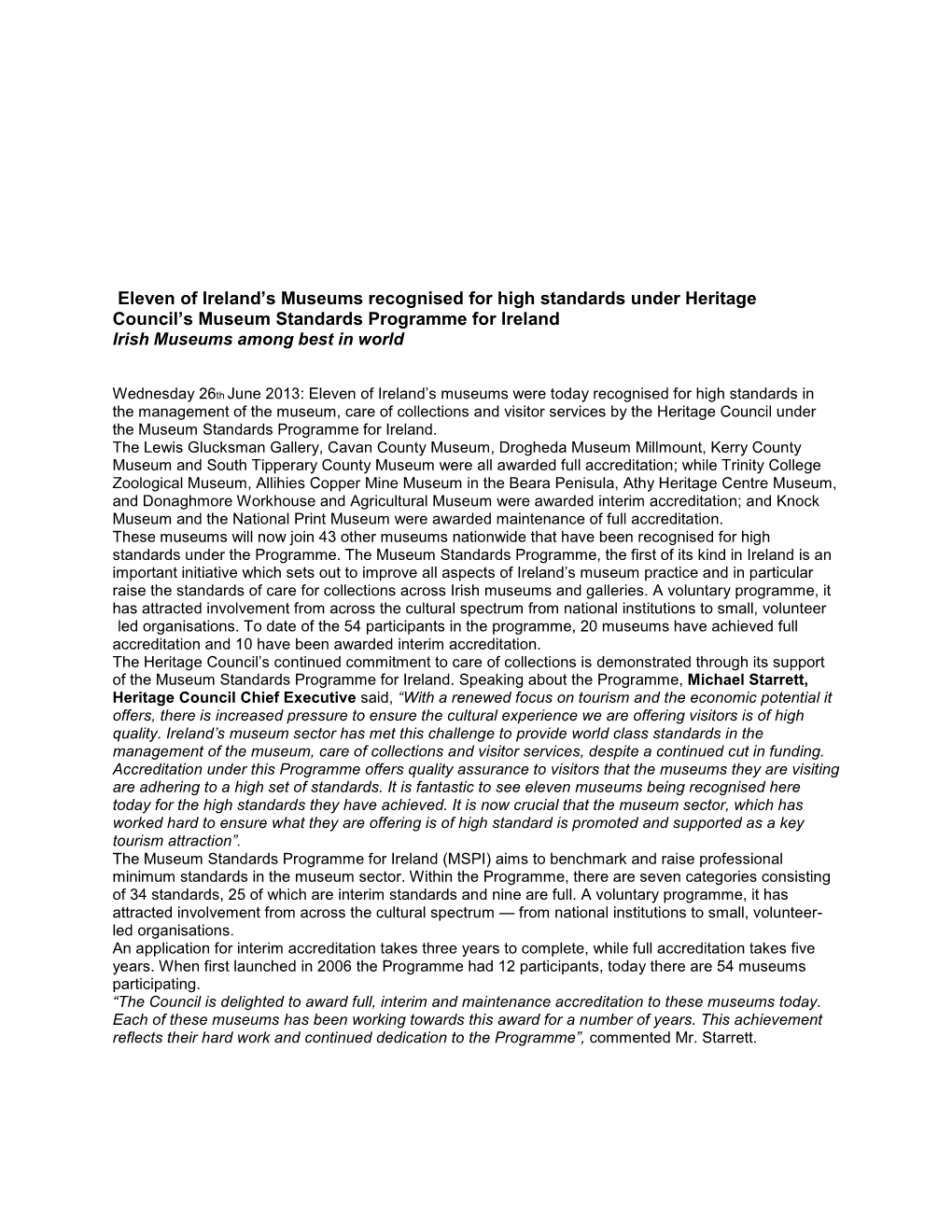 Eleven of Ireland's Museums Recognised for High Standards Under Heritage Council's Museum Standards Programme for Ireland